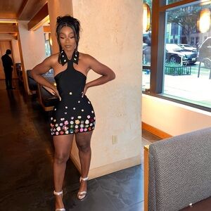 Black Halter Dress with Colorful Floral Embellishments